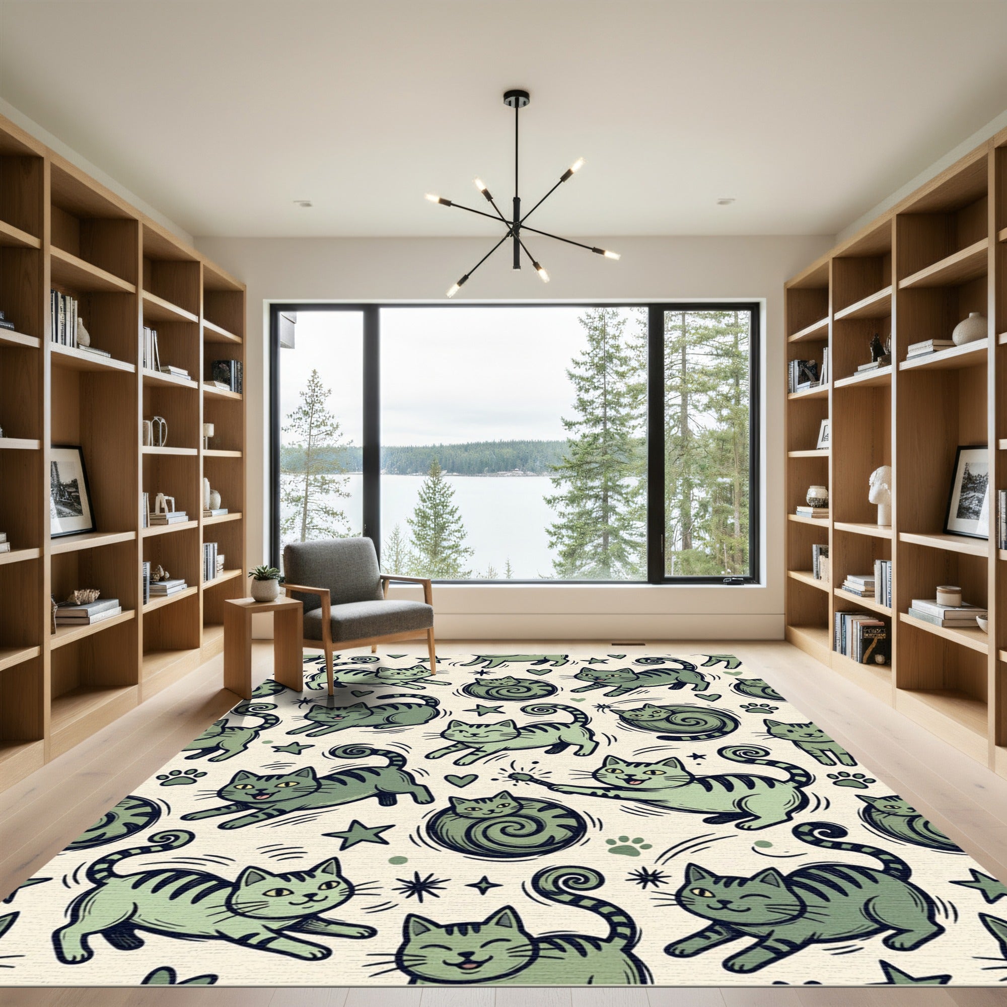 Whimsical Sage Green Cat Star Illustration Rug
