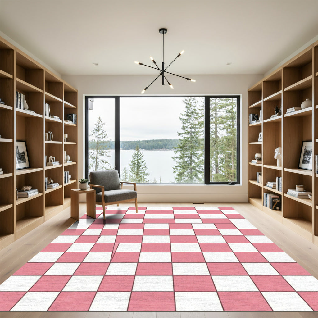 Modern Coral and White Checkerboard Grid Rug