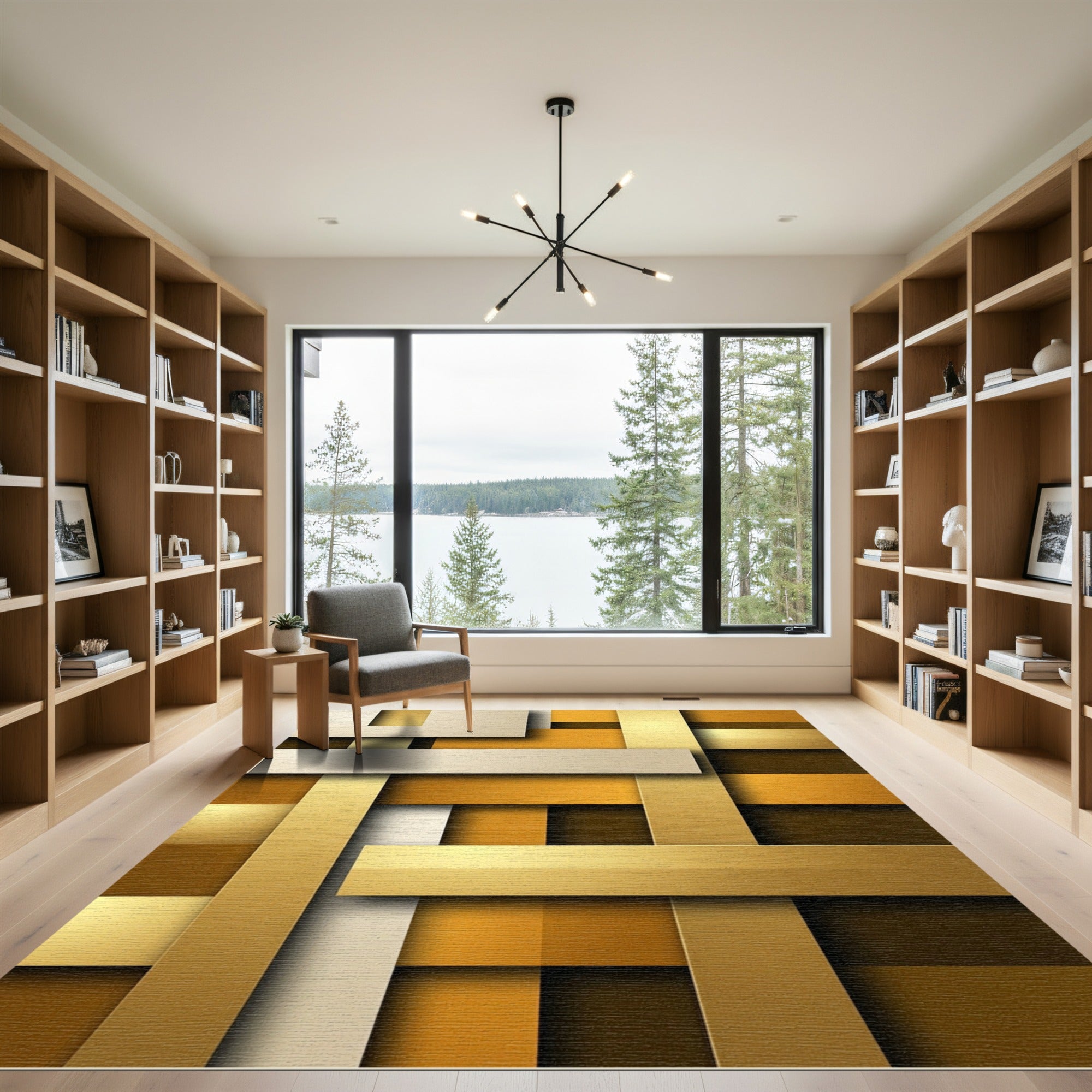 Modern Golden Interlocking Geometric Metallic Blocks Rug