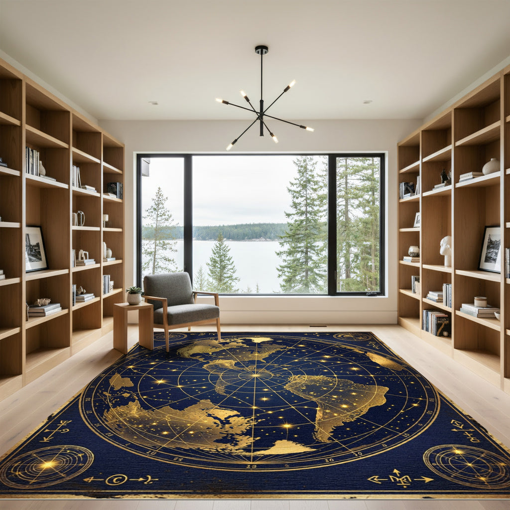Celestial Gold World Map Globe Rug