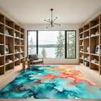 Vibrant Teal and Coral Abstract Ink Rug