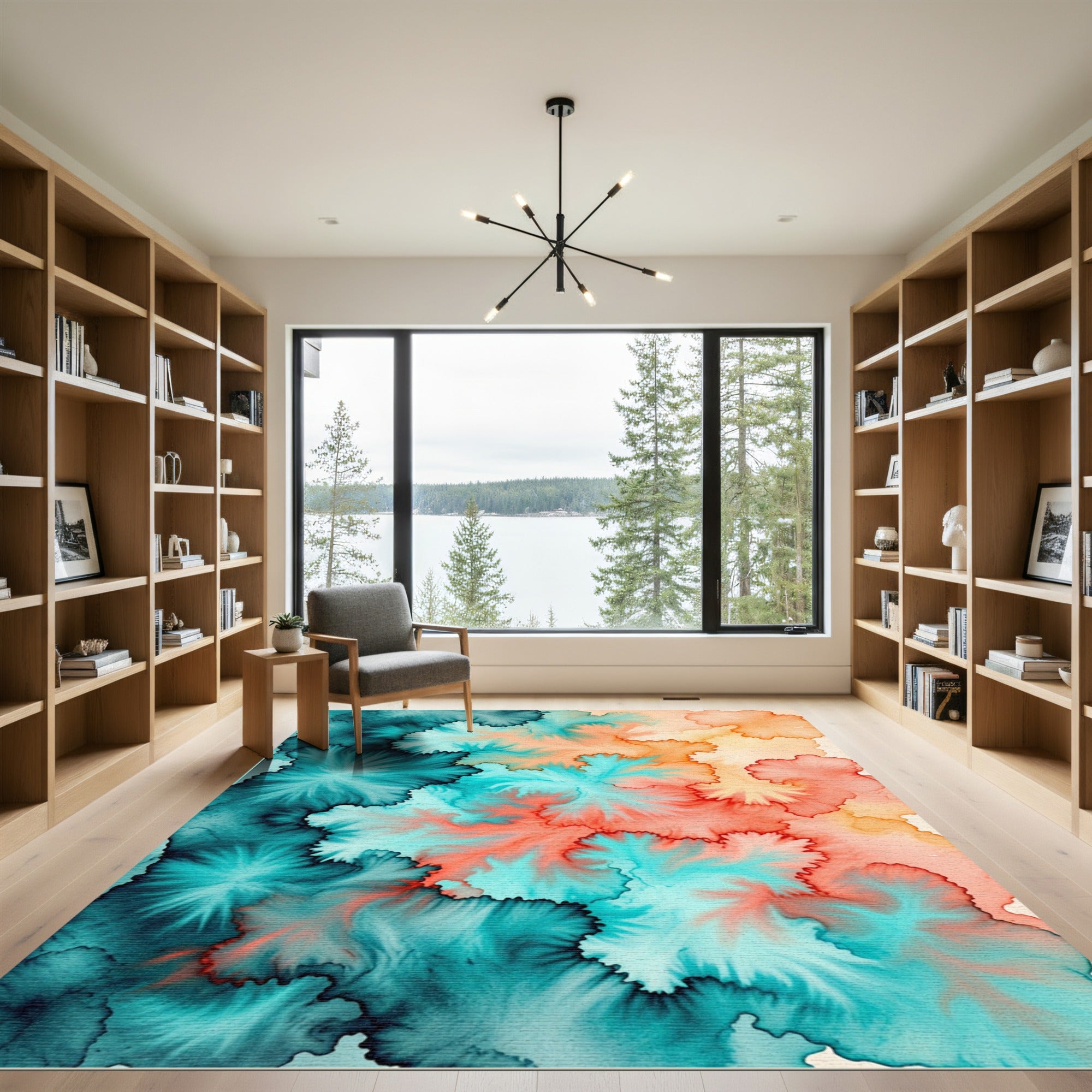 Vibrant Teal and Coral Abstract Ink Rug