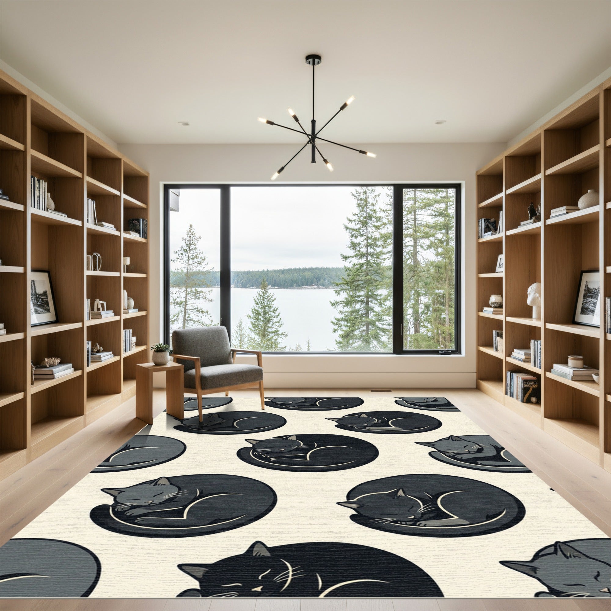 Minimalist Sleeping Black Cat Crescent Rug