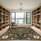Elegant Golden Floral Medallion Black Rug