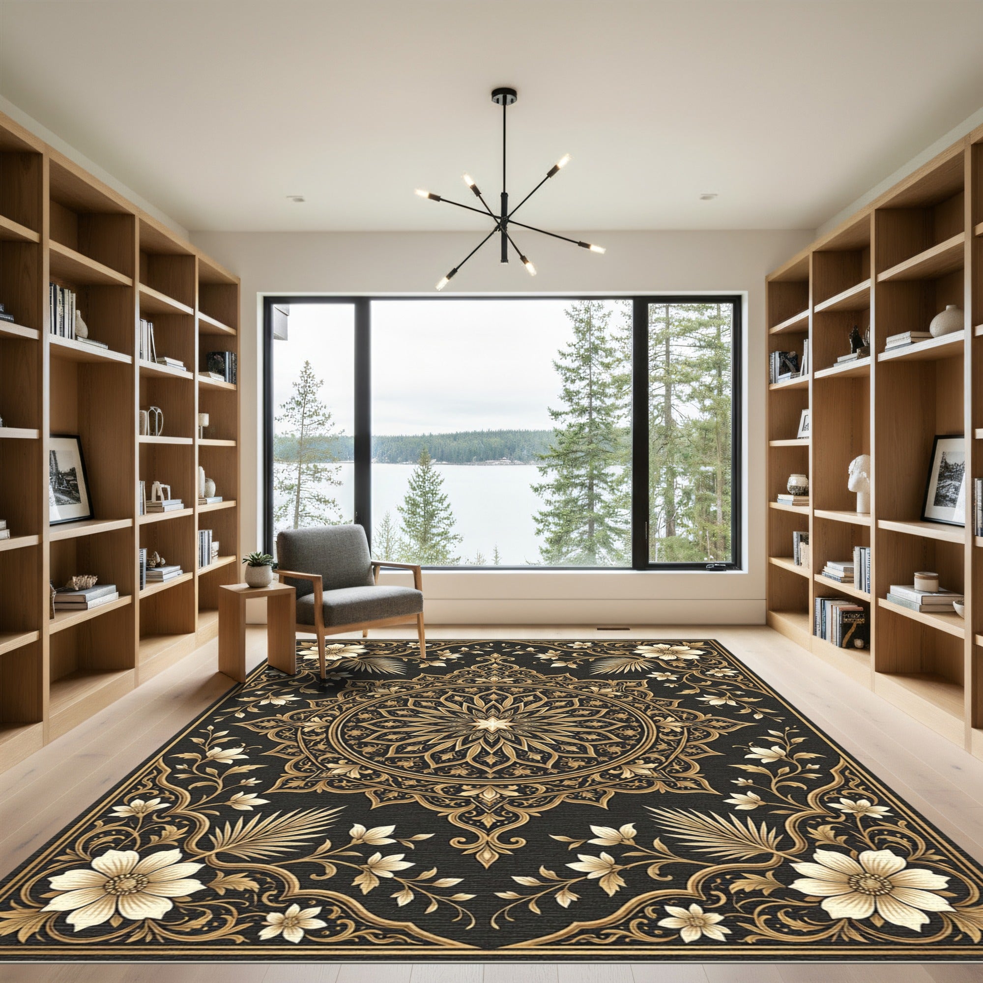 Elegant Golden Floral Medallion Black Rug