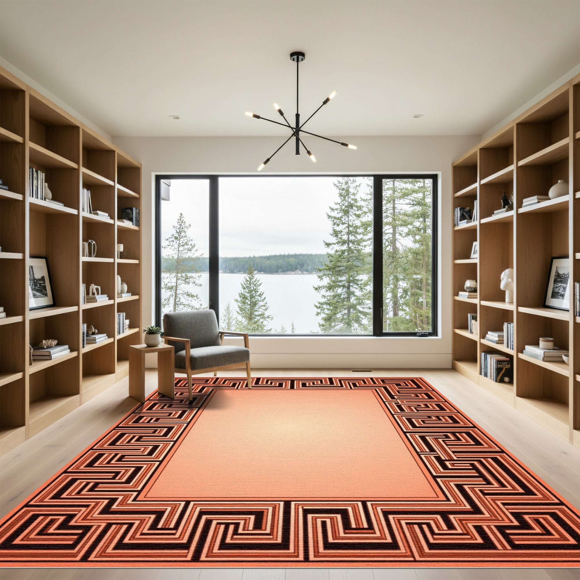 Coral And Black Geometric Frame Rug