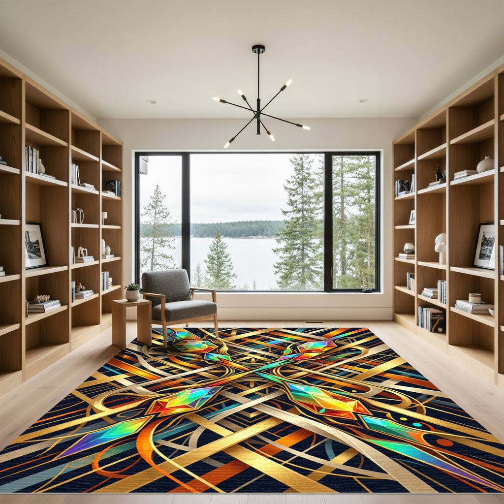 Radiant Geometric Gemstone Lattice Gold Rug