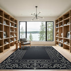 Ornate Silver Floral Scrollwork Border Rug