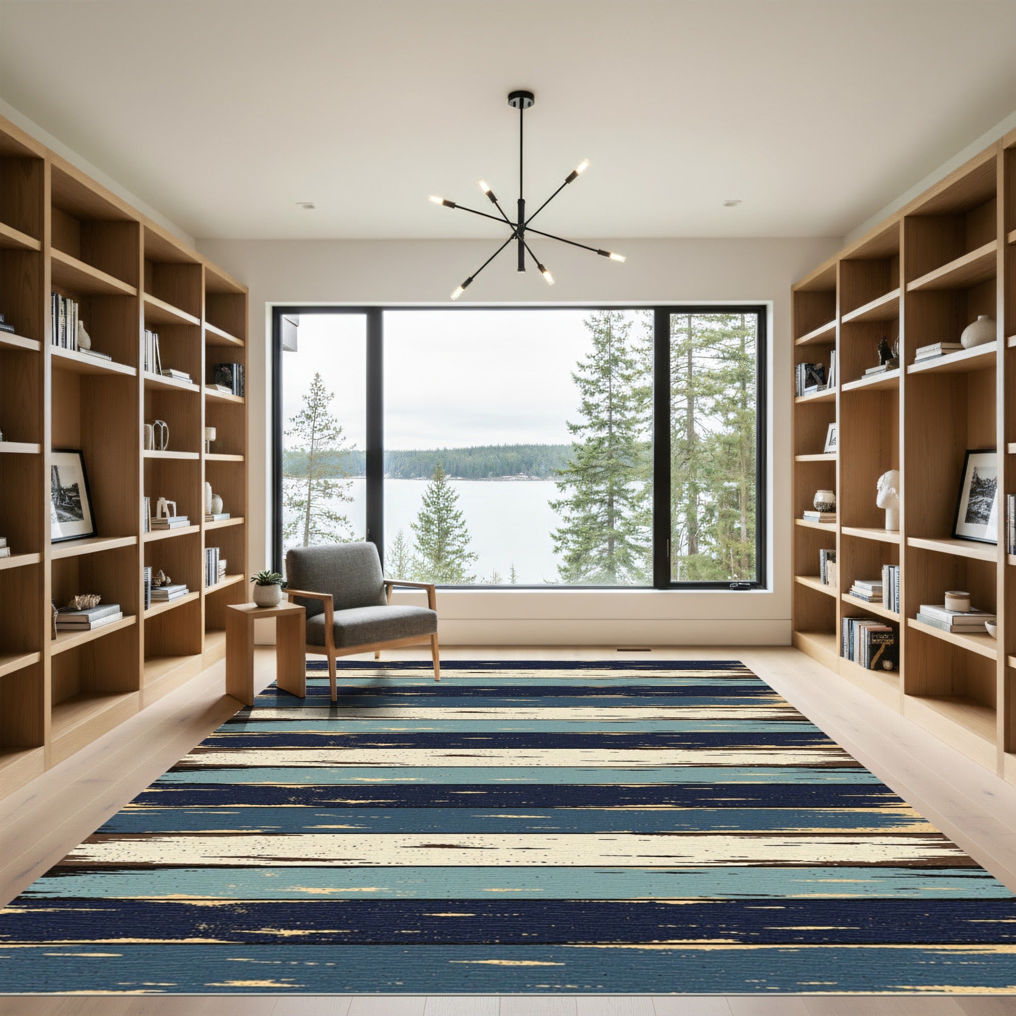 Distressed Navy and Cream Horizontal Stripe Rug