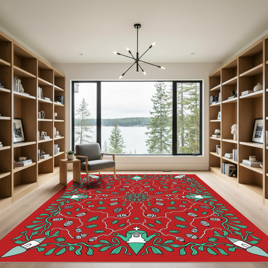 Red Teal Botanical Garden Scene Rug