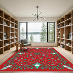 Red Teal Botanical Garden Scene Rug