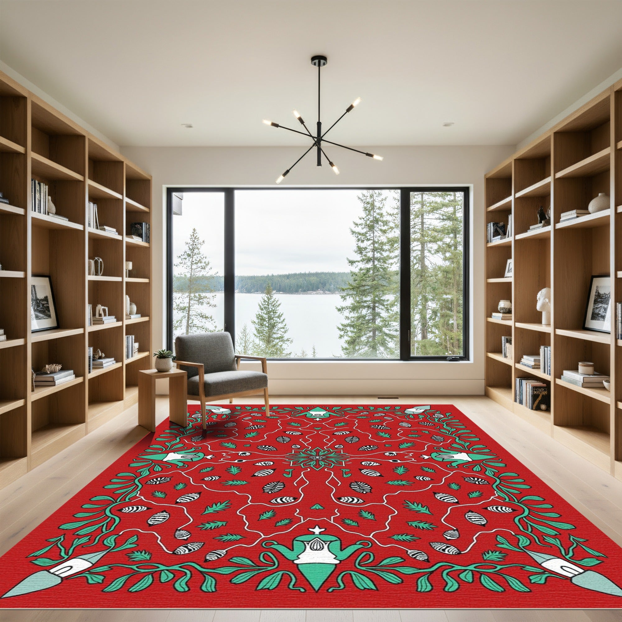 Red Teal Botanical Garden Scene Rug