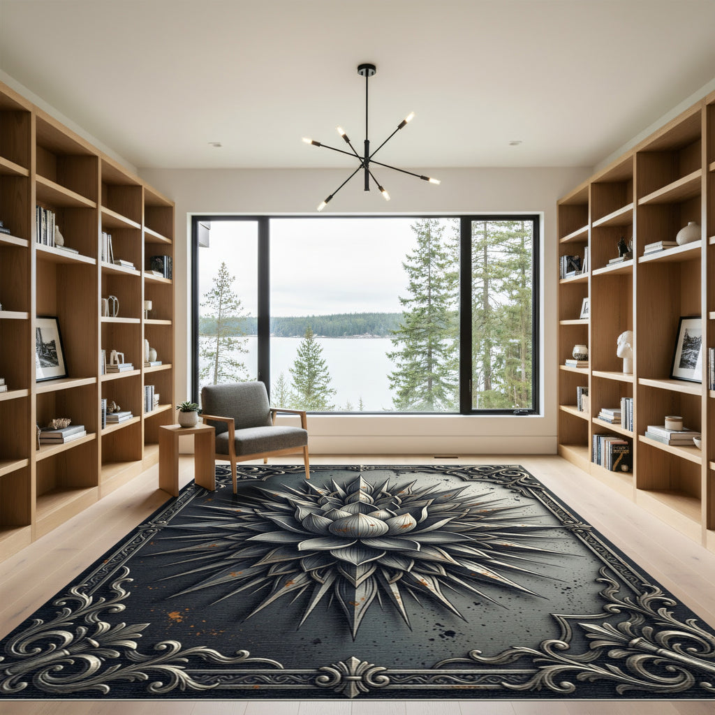 Monochrome Metallic Lotus Floret Ornament Rug