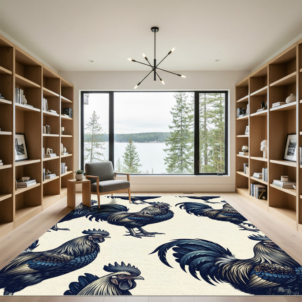 Elegant Navy Rooster Illustration Art Rug