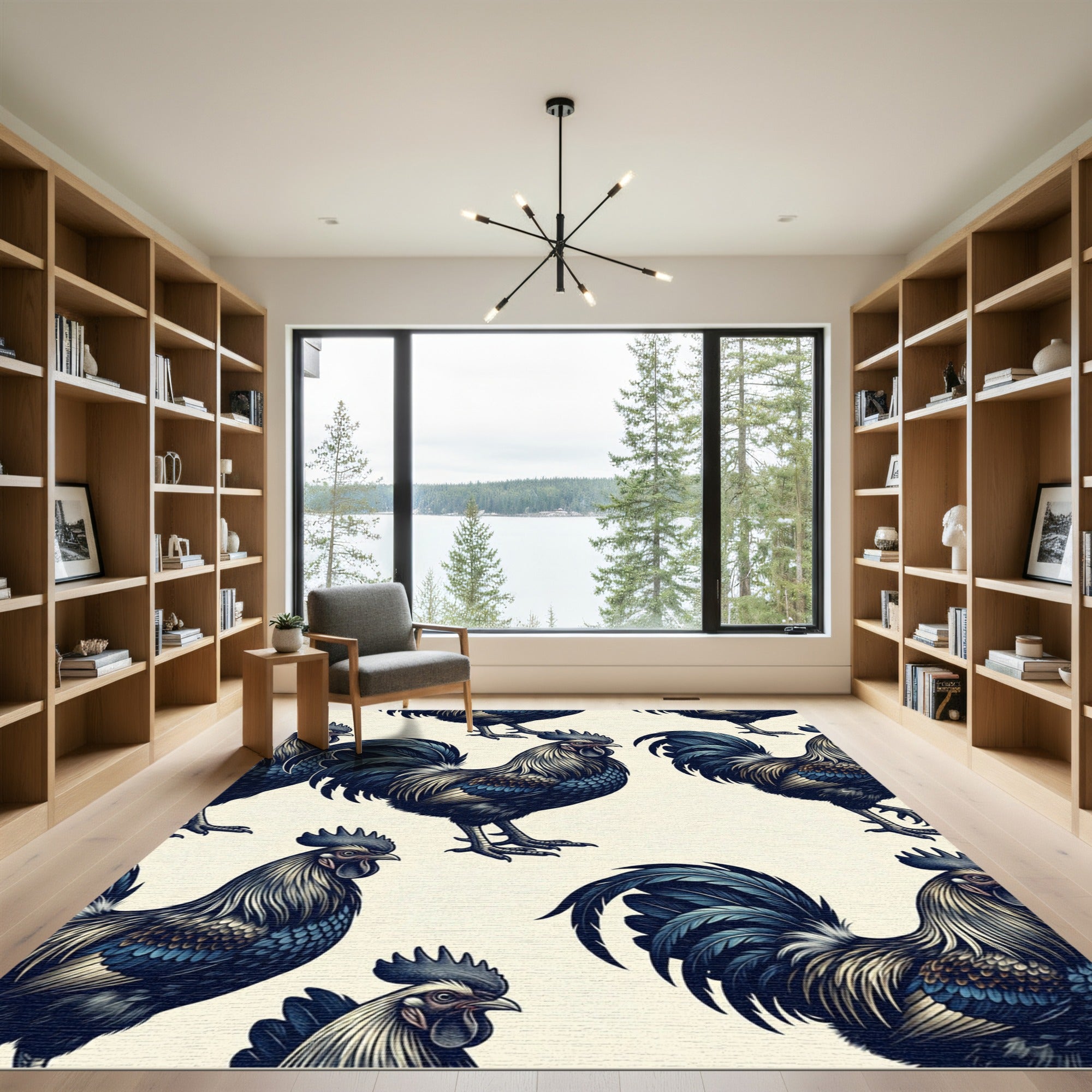 Elegant Navy Rooster Illustration Art Rug