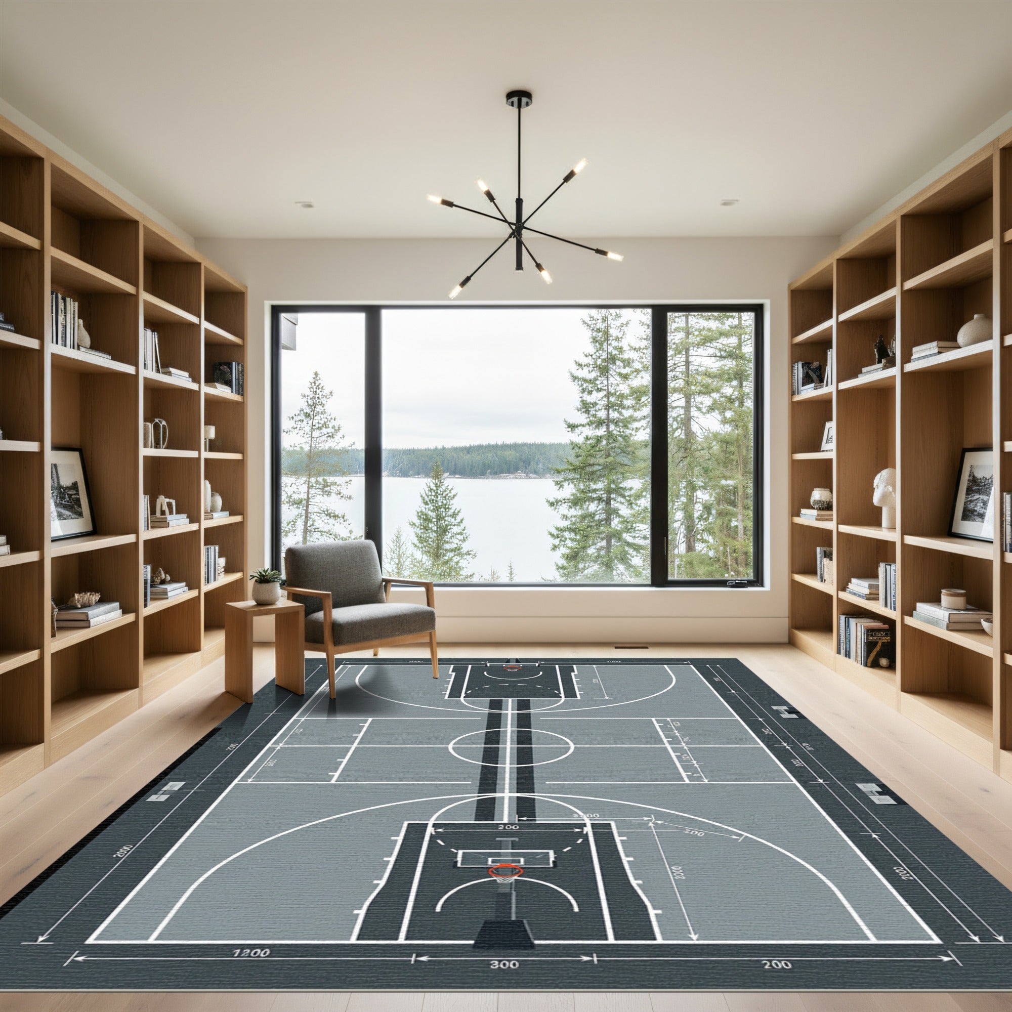 Minimalist Gray Monochrome Basketball Court Graphics Rug