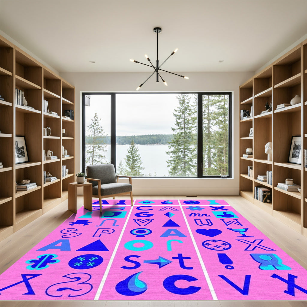 Abstract Blue Graphic Alphabet Collage Rug