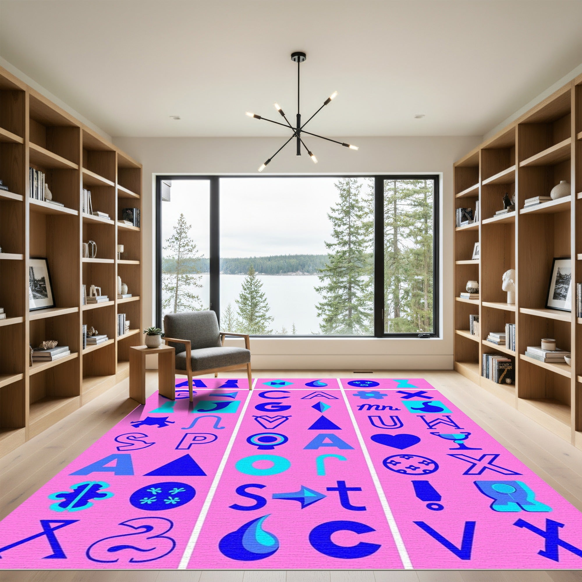 Abstract Blue Graphic Alphabet Collage Rug