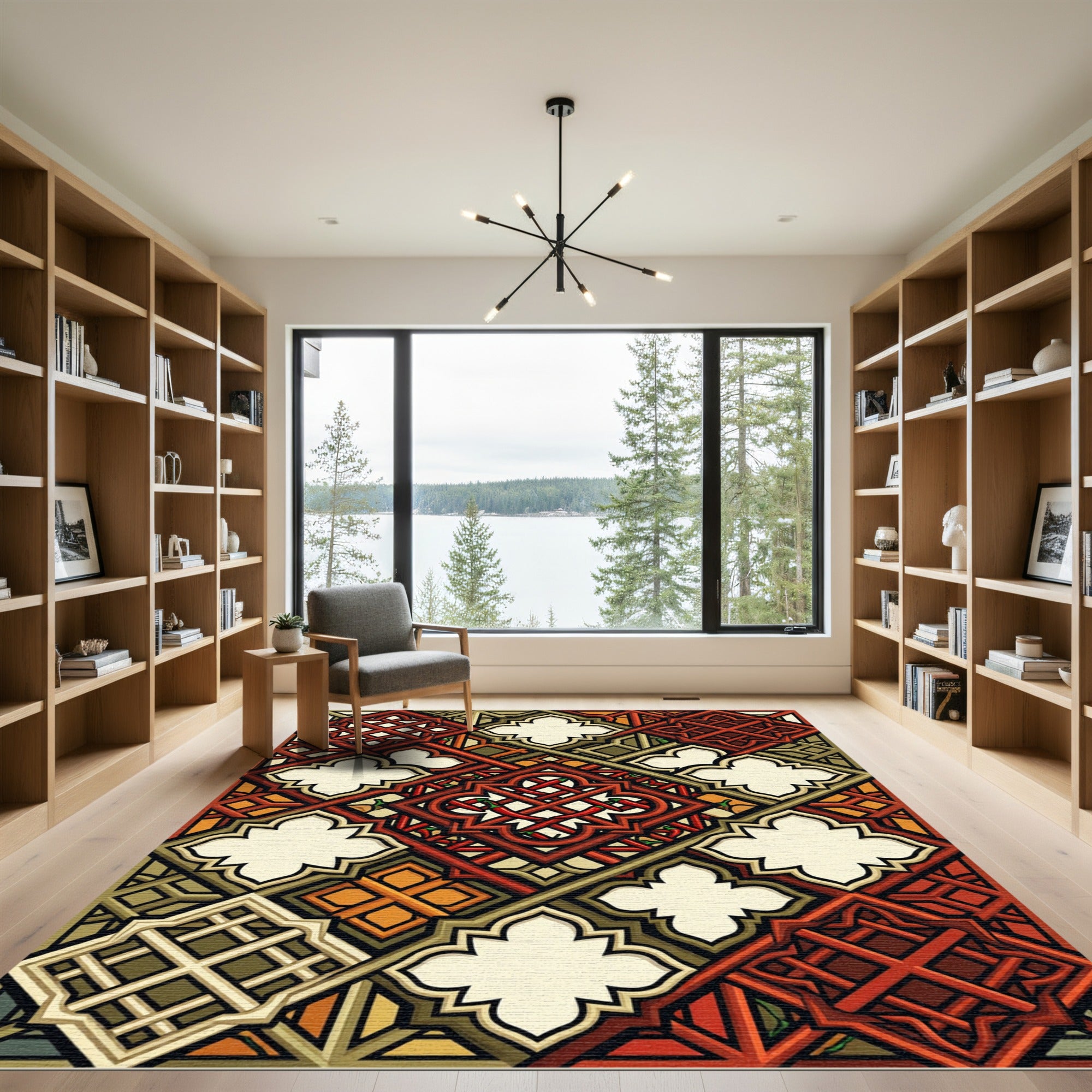 Red Orange Interlocking Geometric Overlay Rug