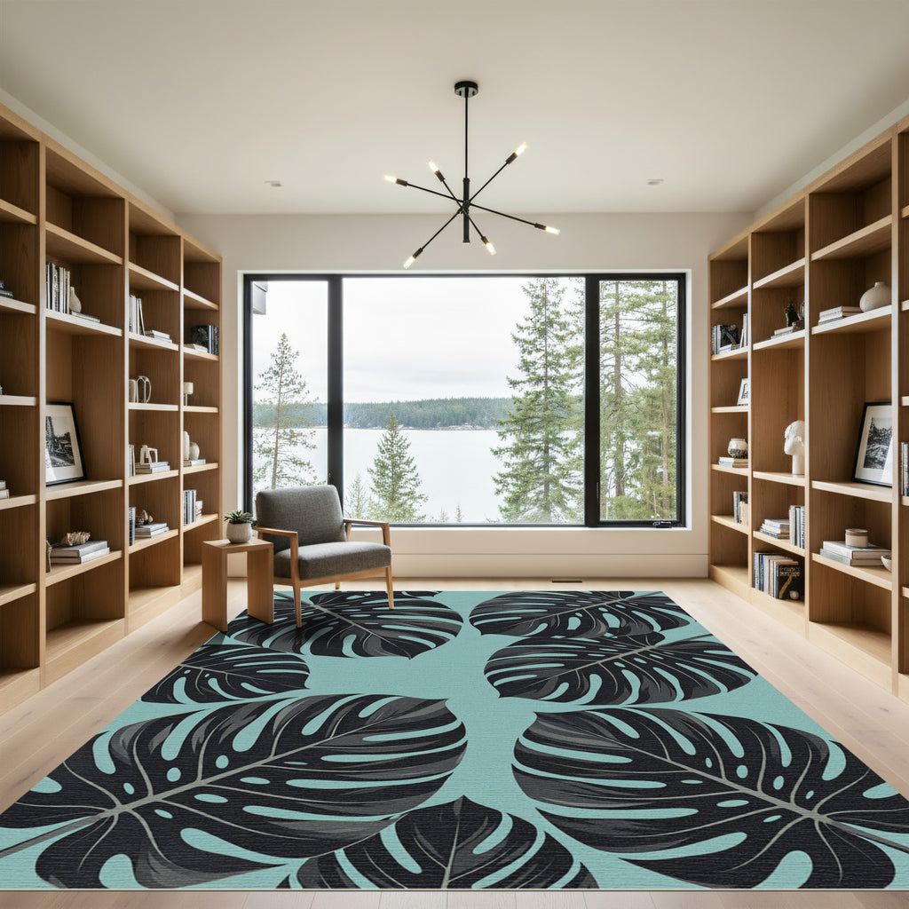 Modern Black Tropical Monstera Foliage Rug