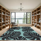 Modern Black Tropical Monstera Foliage Rug