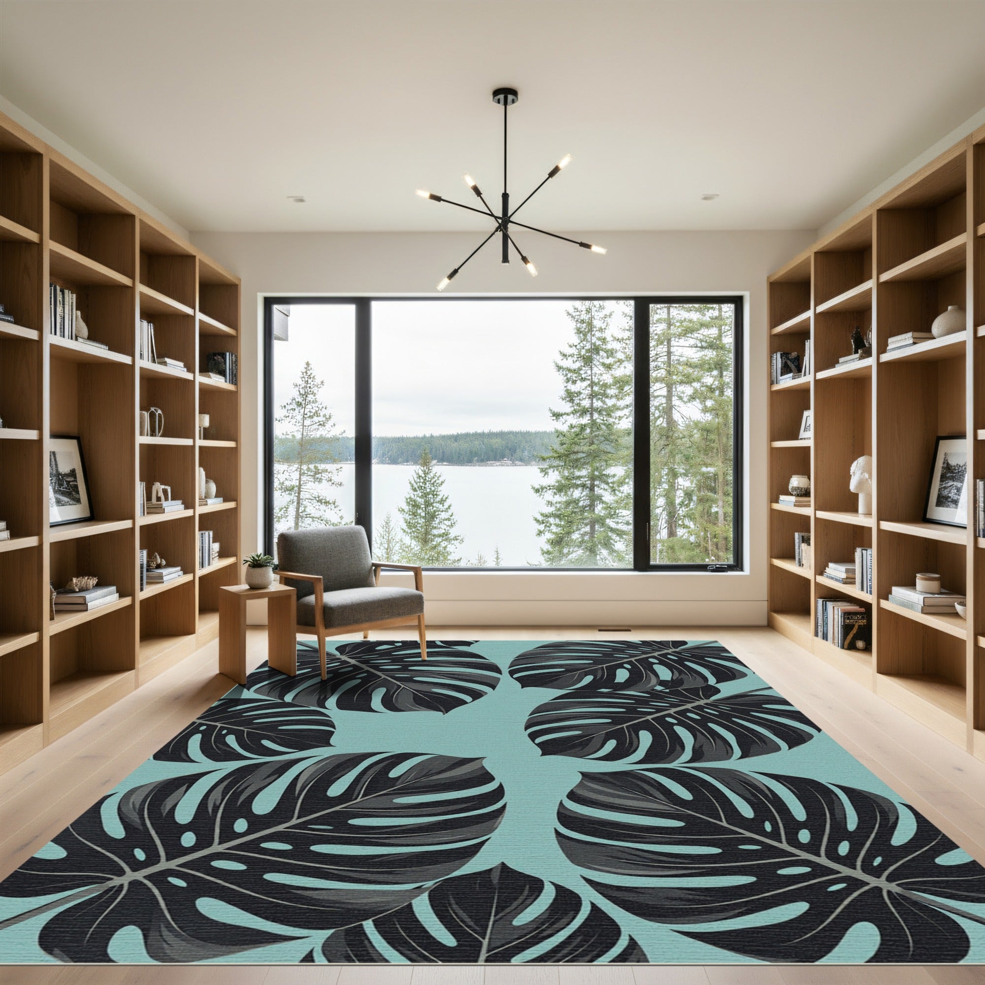 Modern Black Tropical Monstera Foliage Rug