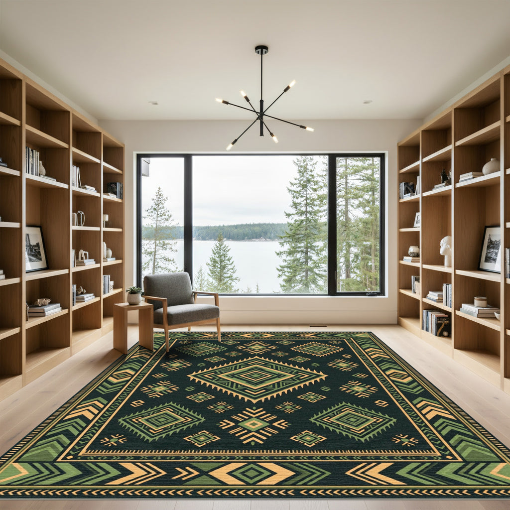 Green Yellow Geometric Diamond Aztec Rug