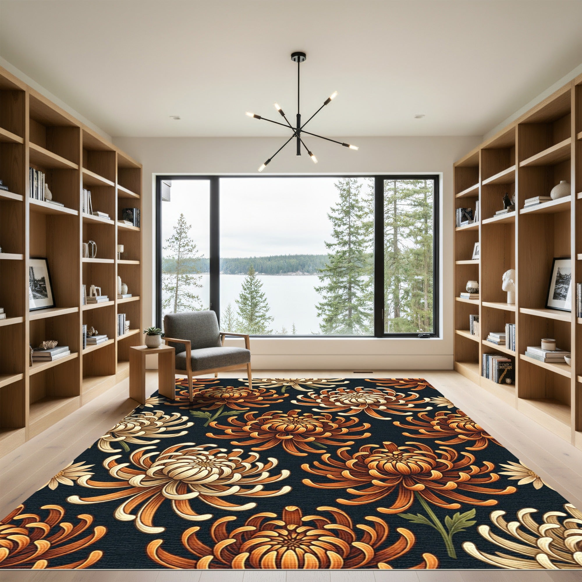 Earthy Amber Chrysanthemum Floral Dark Botanical Rug