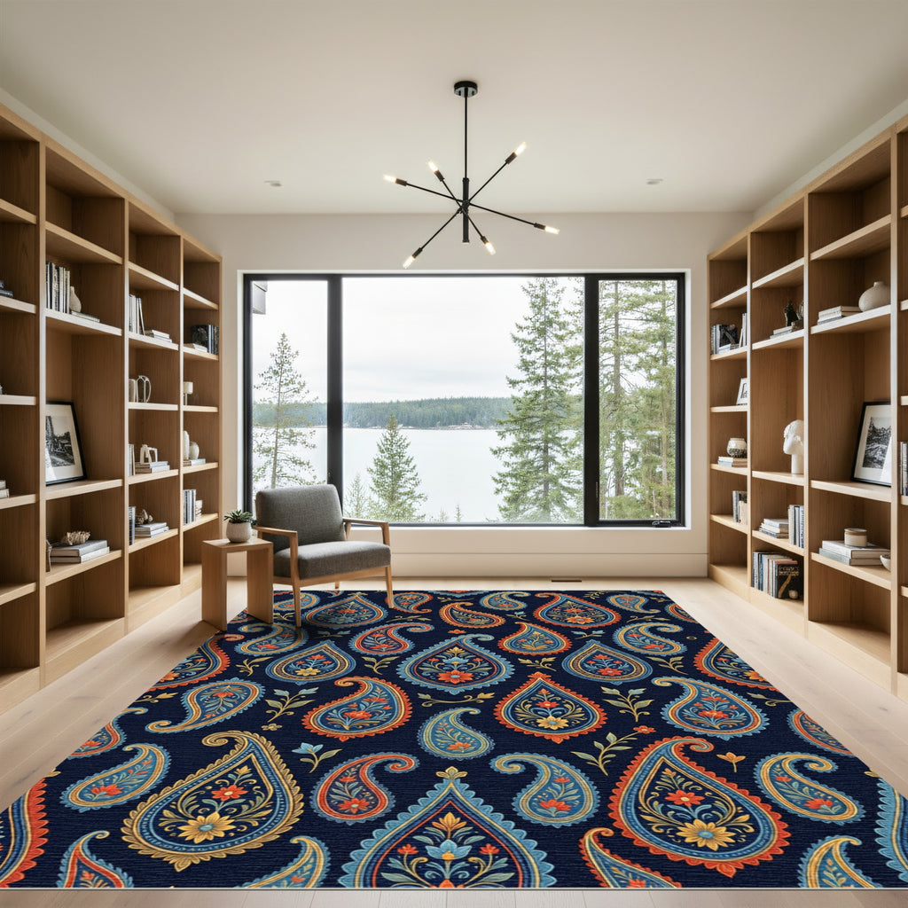Navy Blue Floral Paisley Tapestry Rug