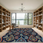Navy Blue Floral Paisley Tapestry Rug