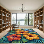 Vibrant Tropical Hibiscus Floral Botanical Rug