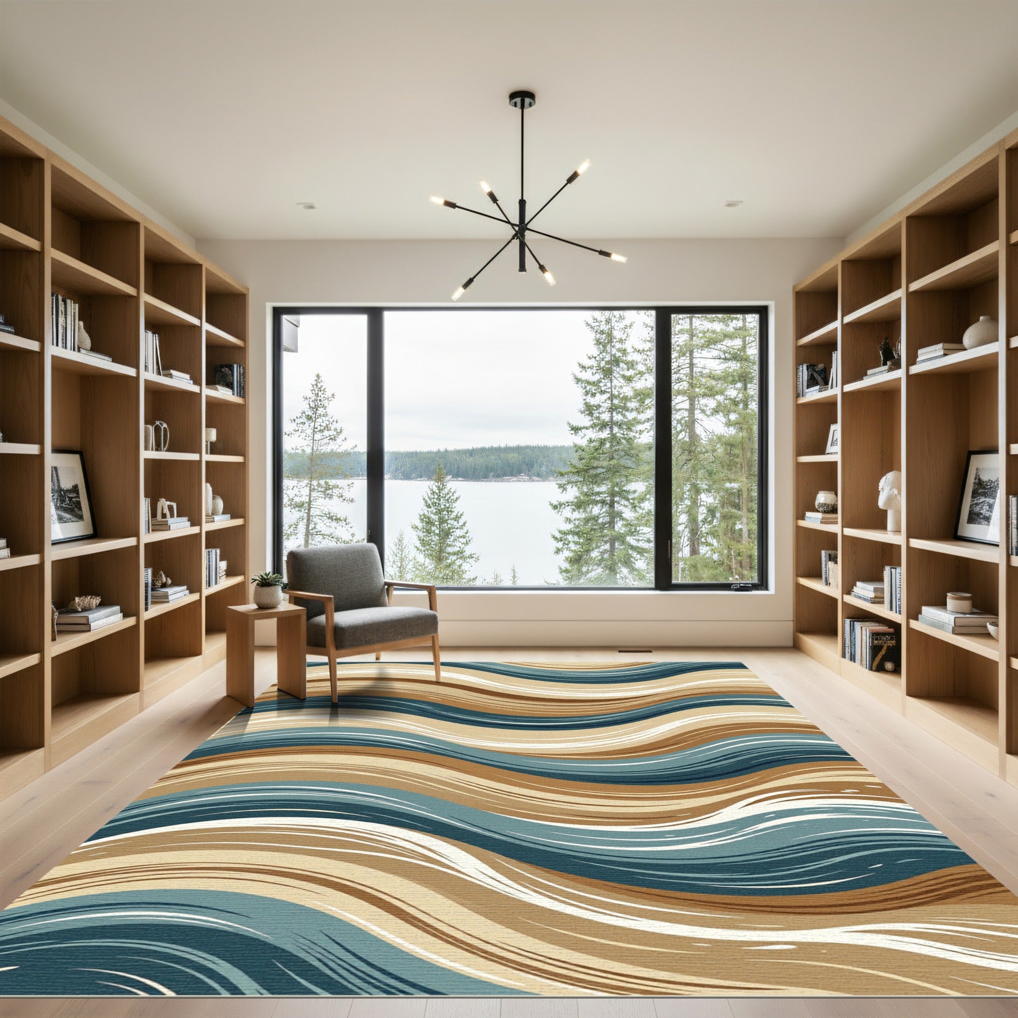 Earthy Blue Cream Wave Flow Rug