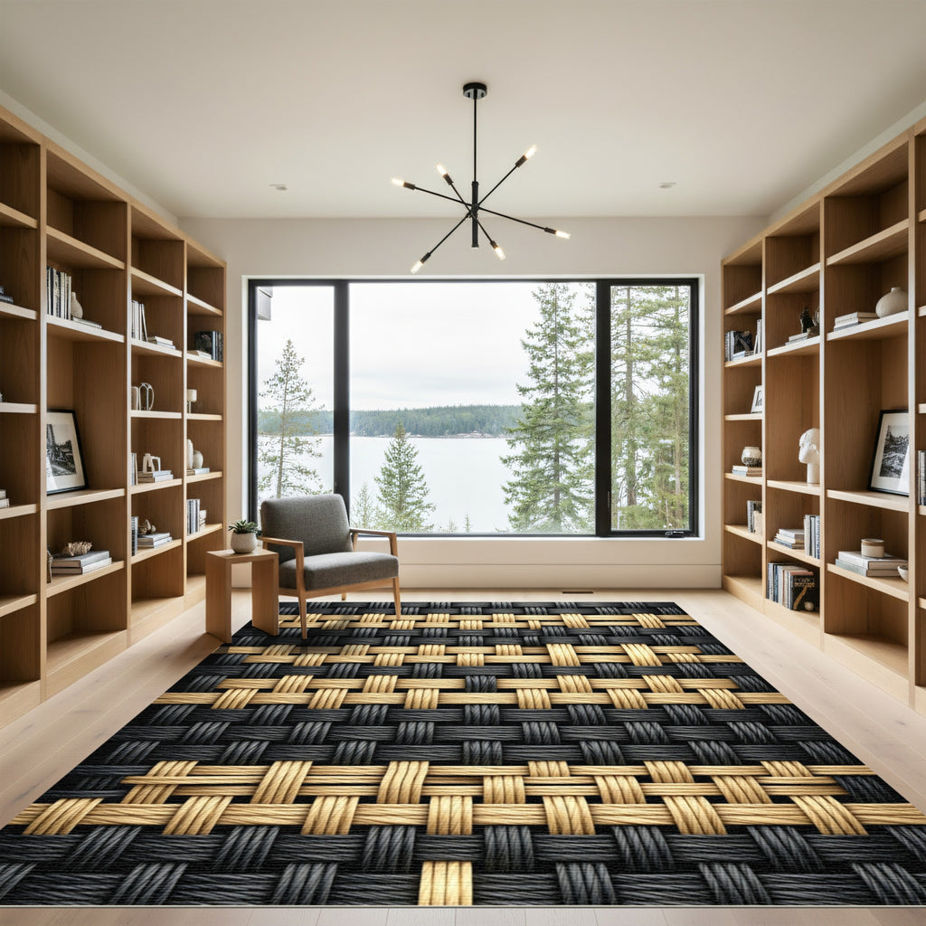 Black and Beige Woven Basket Texture Rug