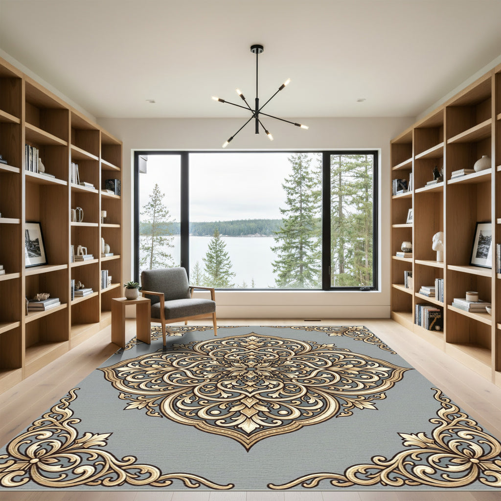 Elegant Gold Scrolling Floral Medallion Rug