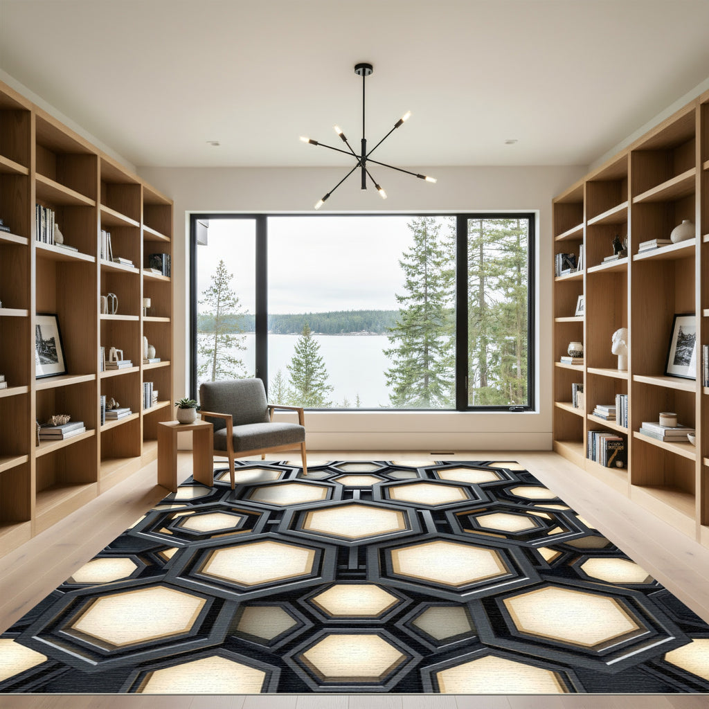 Modern Metallic Gold Geometric Hexagon Rug