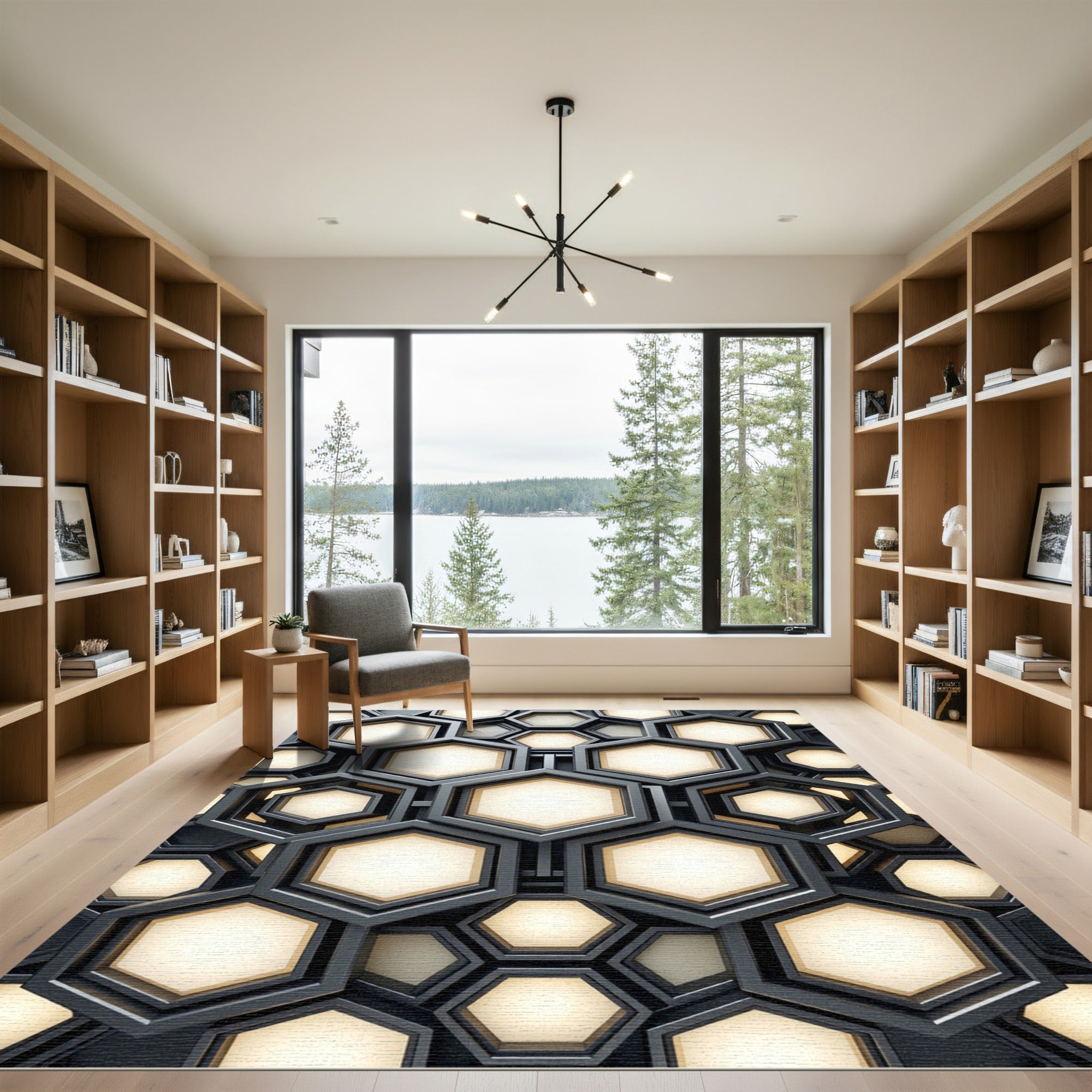 Modern Metallic Gold Geometric Hexagon Rug