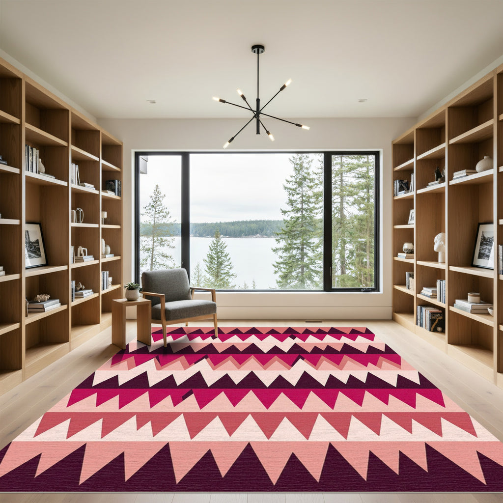 Crimson Pink Geometric Jagged Lines Rug