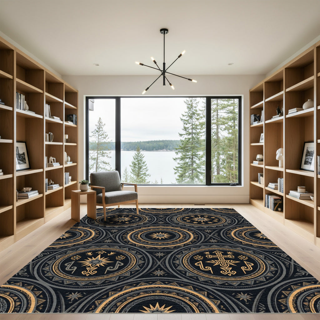 Black Golden Medallion Circular Brocade Rug
