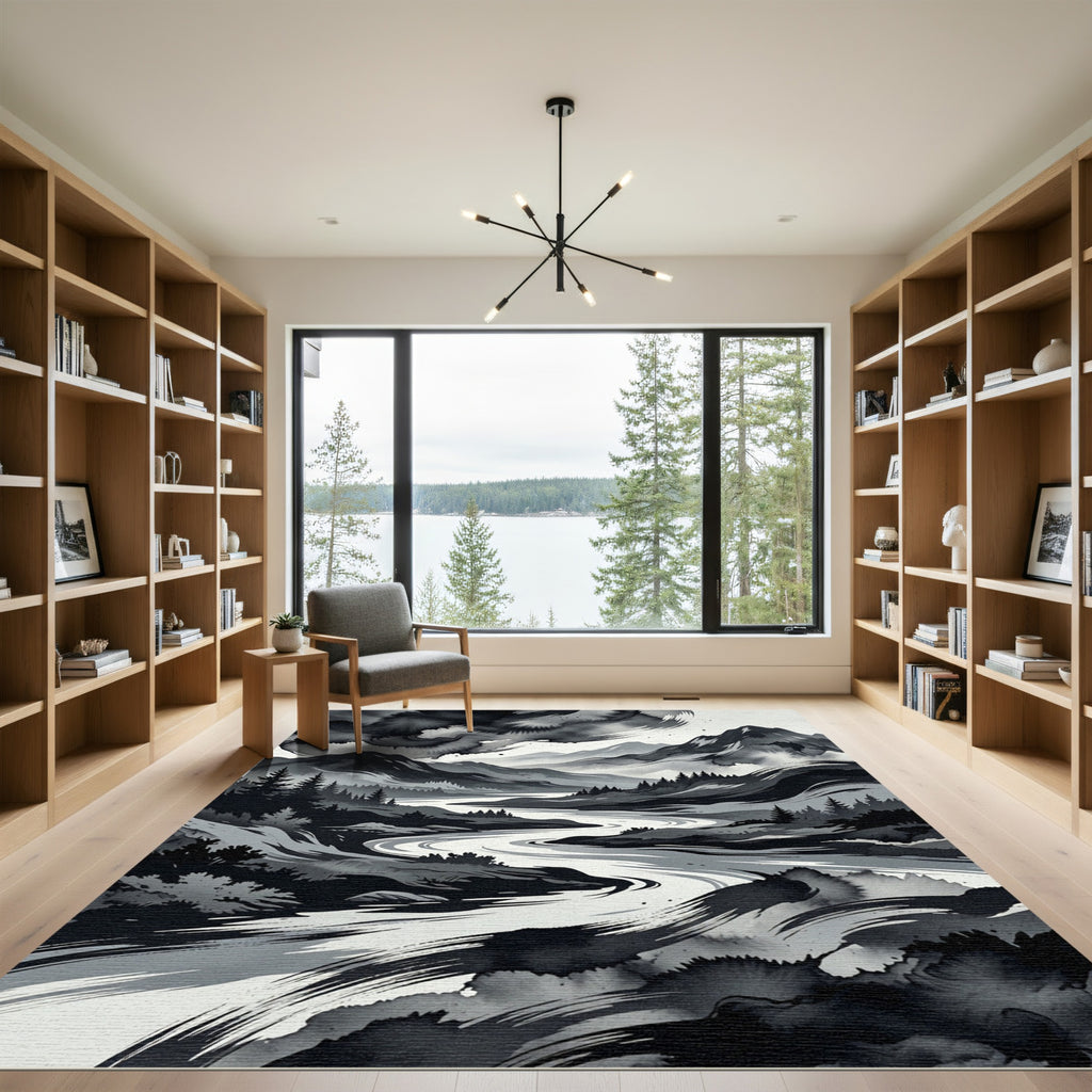 Monochrome Ink Wash Mountain River Landscape Rug