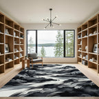 Monochrome Ink Wash Mountain River Landscape Rug