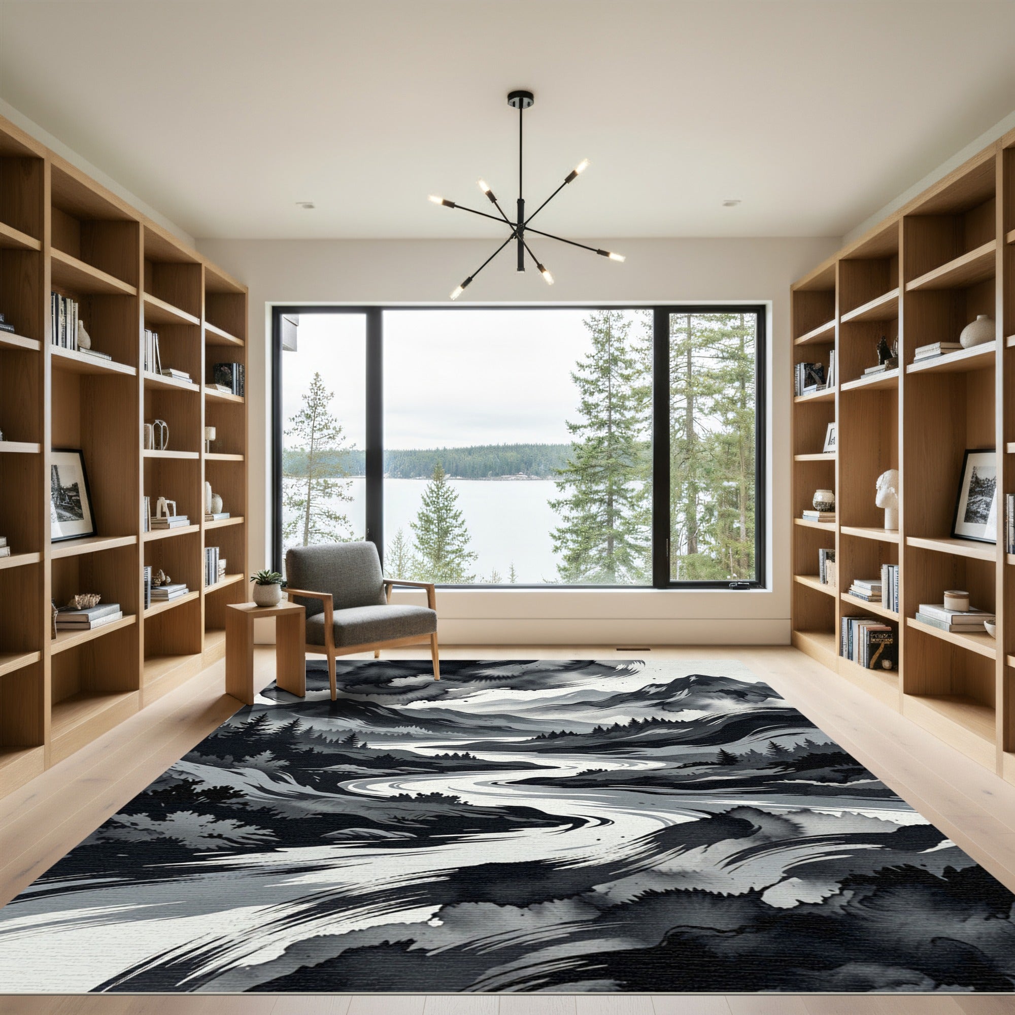 Monochrome Ink Wash Mountain River Landscape Rug