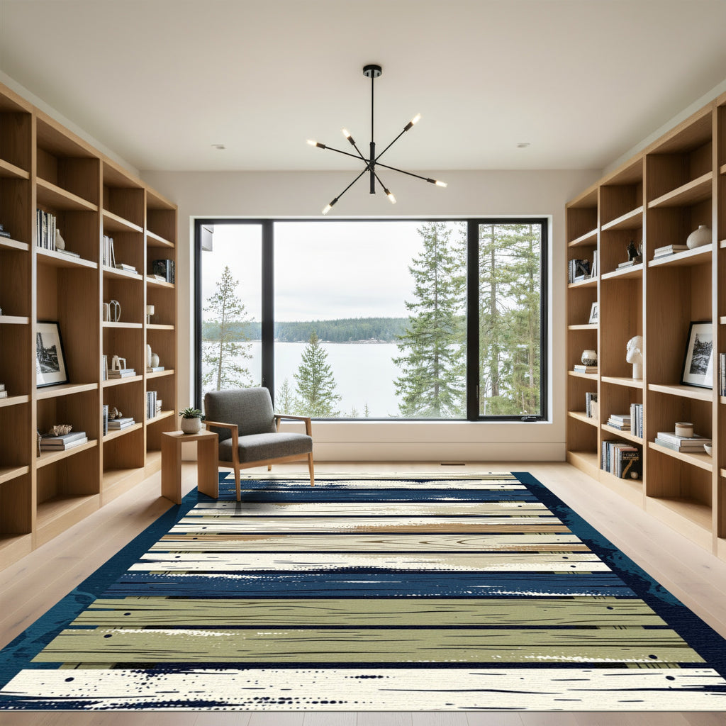 Rustic Coastal Blue and Cream Plank Rug
