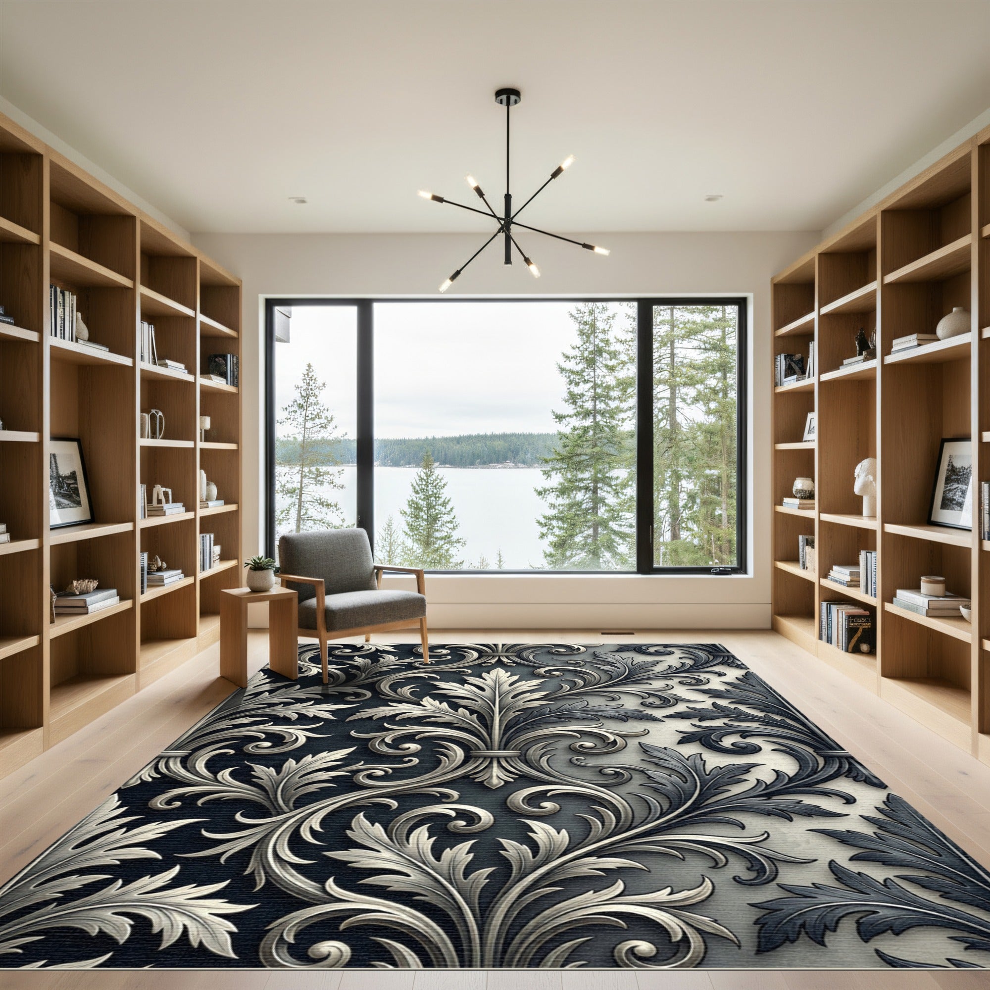 Elegant Monochrome Acanthus Leaf Scroll Rug