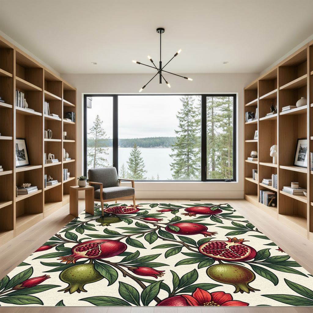 Botanical Crimson Pomegranate Branch Illustration Rug