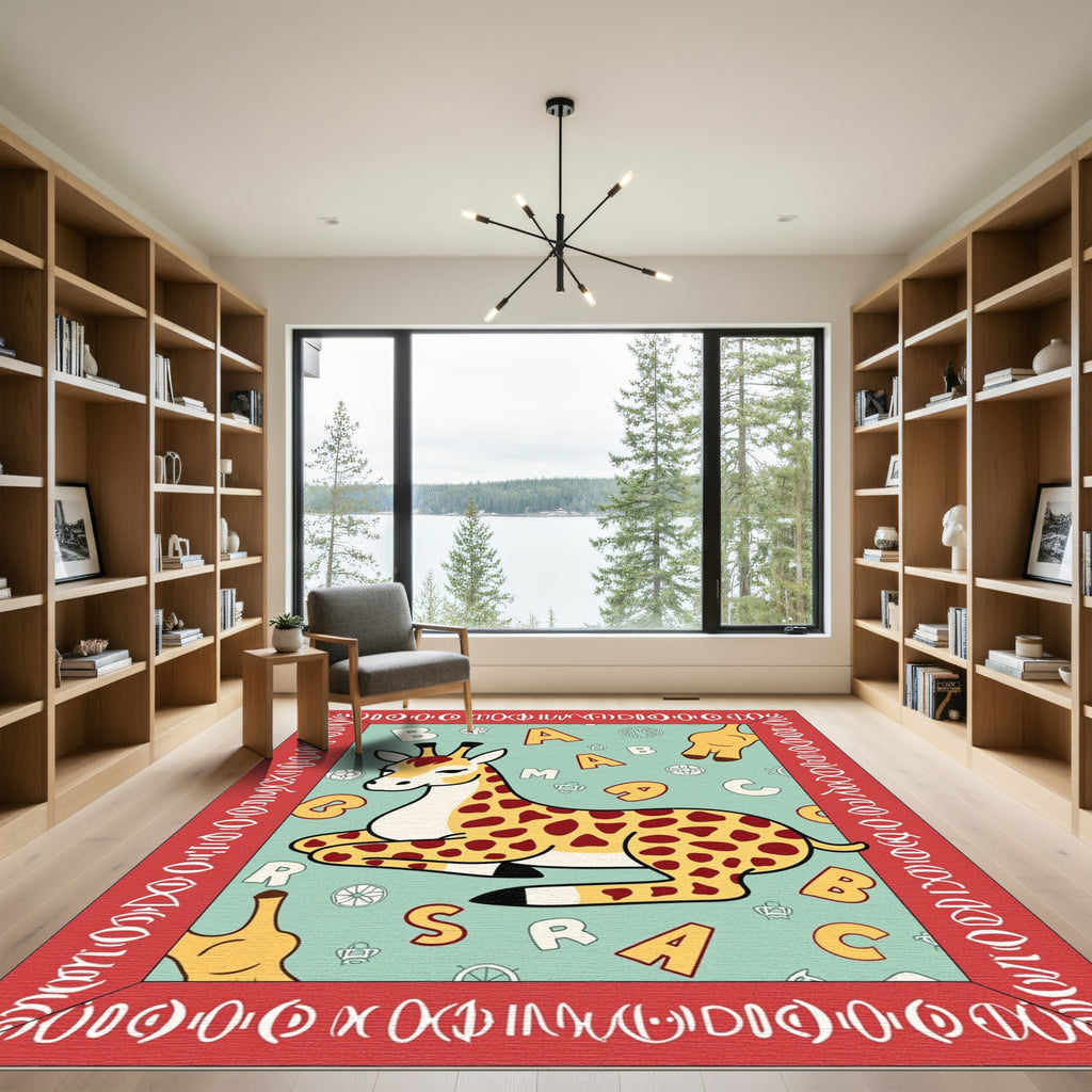 Red Border Giraffe Alphabet Art Rug