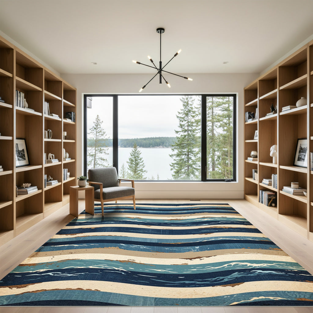 Wavy Blue Tan Striped Coastal Rug