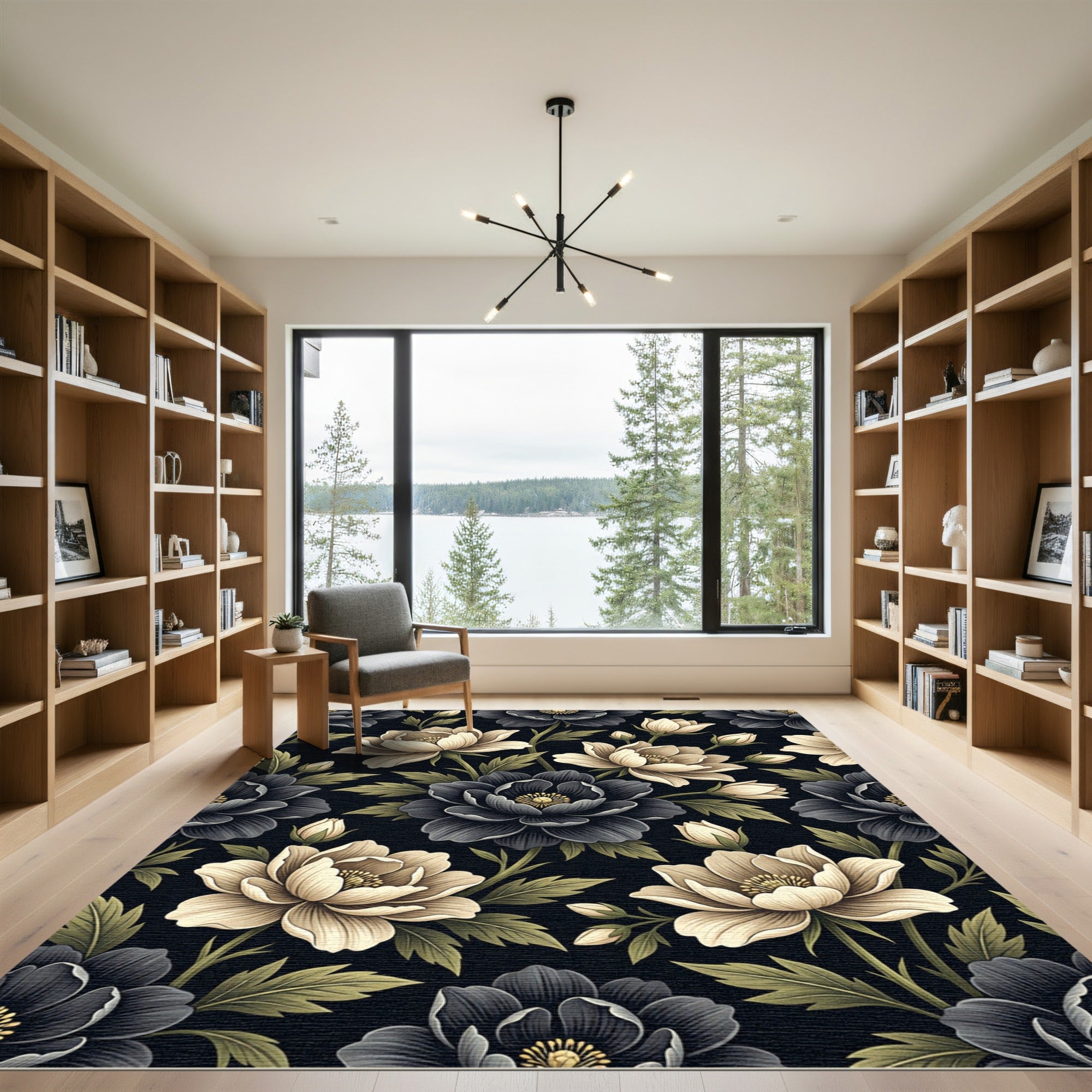Cream Black Floral Garden Bloom Rug