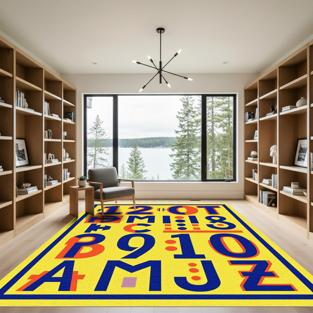 Bold Yellow Blue Orange Typographic Collage Rug