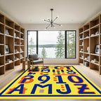 Bold Yellow Blue Orange Typographic Collage Rug
