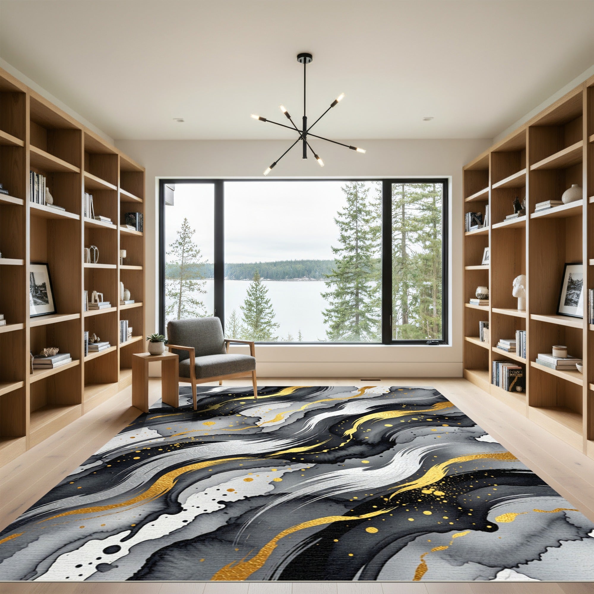 Golden Black Abstract Ink Wave Flow Rug